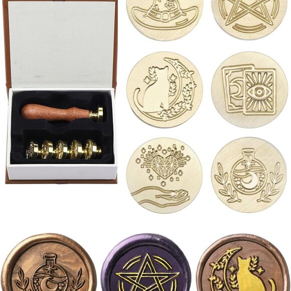 Other - Wax Seal Stamp Gift Box Set, 6 Pieces Wiccan Copper Sealing Wax Stamp Heads + 1